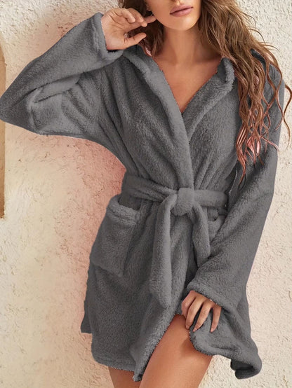Women's Cozy Hooded Fleece Robe with Belt for Autumn Winter Loungewear