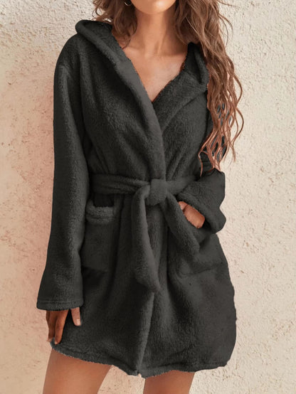 Women's Cozy Hooded Fleece Robe with Belt for Autumn Winter Loungewear