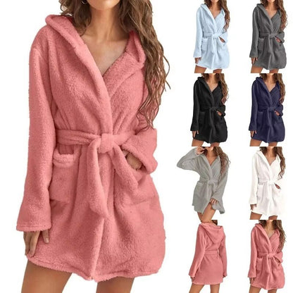 Women's Winter Fluffy Plush Hooded Bathrobe Warm Loungewear Gown