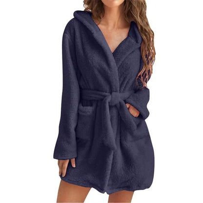 Women's Winter Fluffy Plush Hooded Bathrobe Warm Loungewear Gown