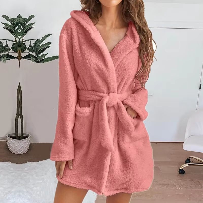 Women's Winter Fluffy Plush Hooded Bathrobe Warm Loungewear Gown