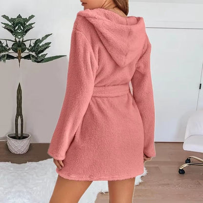 Women's Winter Fluffy Plush Hooded Bathrobe Warm Loungewear Gown
