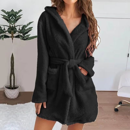 Women's Winter Fluffy Plush Hooded Bathrobe Warm Loungewear Gown
