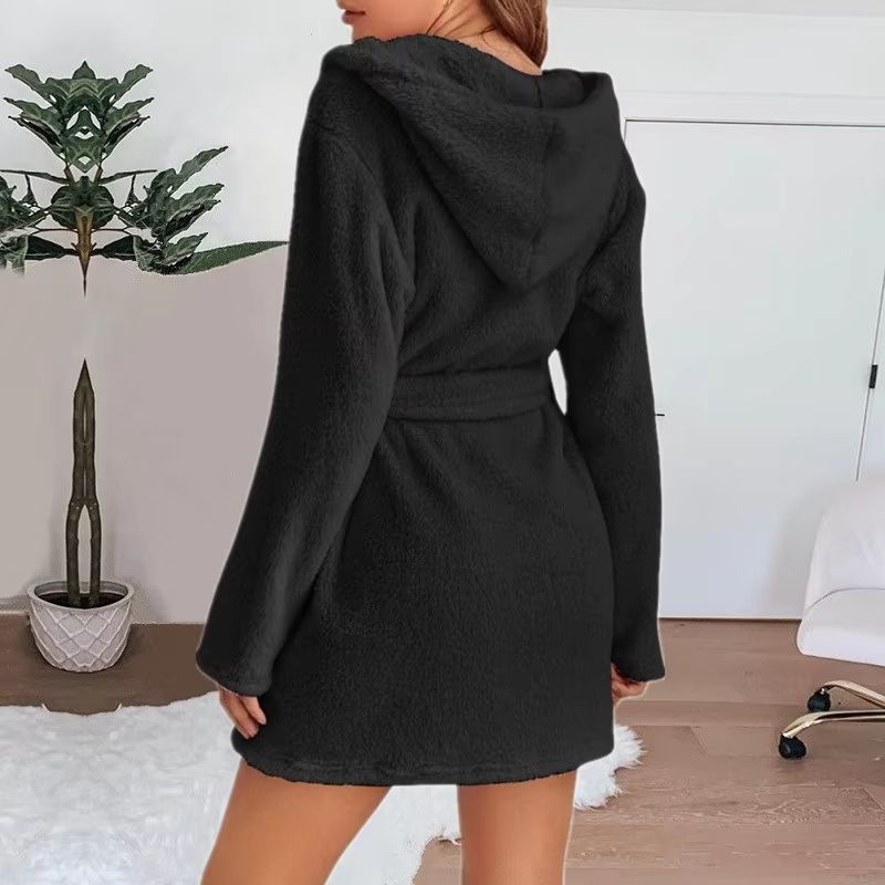 Women's Winter Fluffy Plush Hooded Bathrobe Warm Loungewear Gown