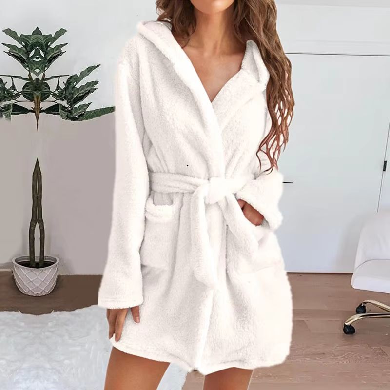 Women's Winter Fluffy Plush Hooded Bathrobe Warm Loungewear Gown