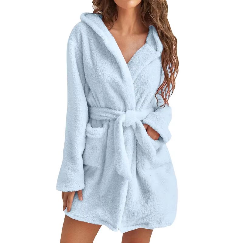 Women's Winter Fluffy Plush Hooded Bathrobe Warm Loungewear Gown