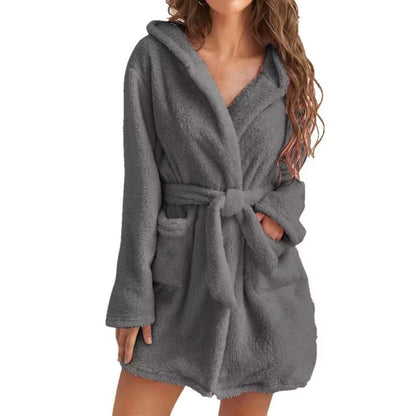 Women's Winter Fluffy Plush Hooded Bathrobe Warm Loungewear Gown