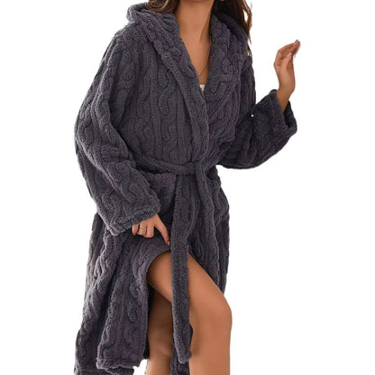 Women's Pink Flannel Hooded Bathrobe Long Coral Fleece Sleepwear Homewear