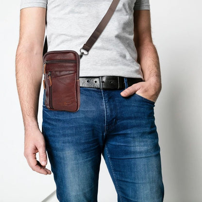 Premium Men Leather Phone Pouch - Multi-Pocket Crossbody Belt Bag for Smartphones
