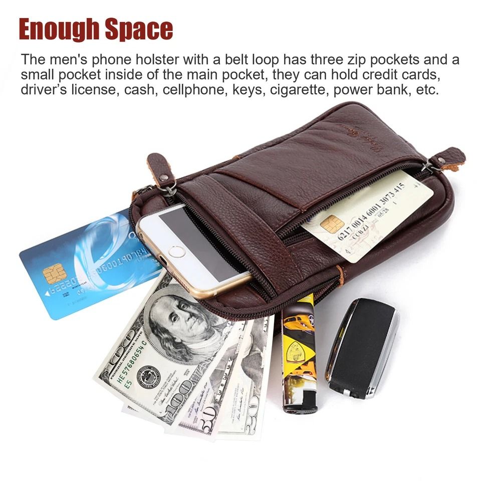 Premium Men Leather Phone Pouch - Multi-Pocket Crossbody Belt Bag for Smartphones