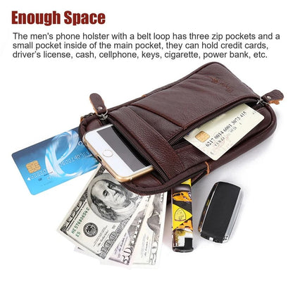 Premium Men Leather Phone Pouch - Multi-Pocket Crossbody Belt Bag for Smartphones