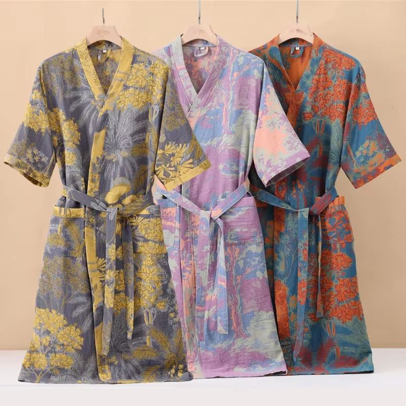 Women's Cotton Printed Kimono Bathrobe Quick-Dry Homewear for Spring Summer