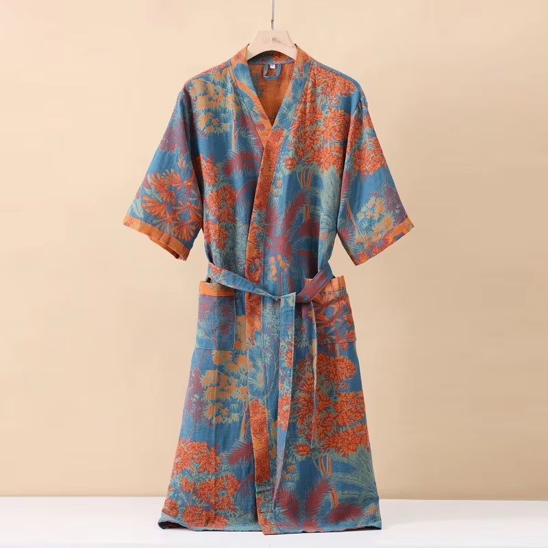 Women's Cotton Printed Kimono Bathrobe Quick-Dry Homewear for Spring Summer