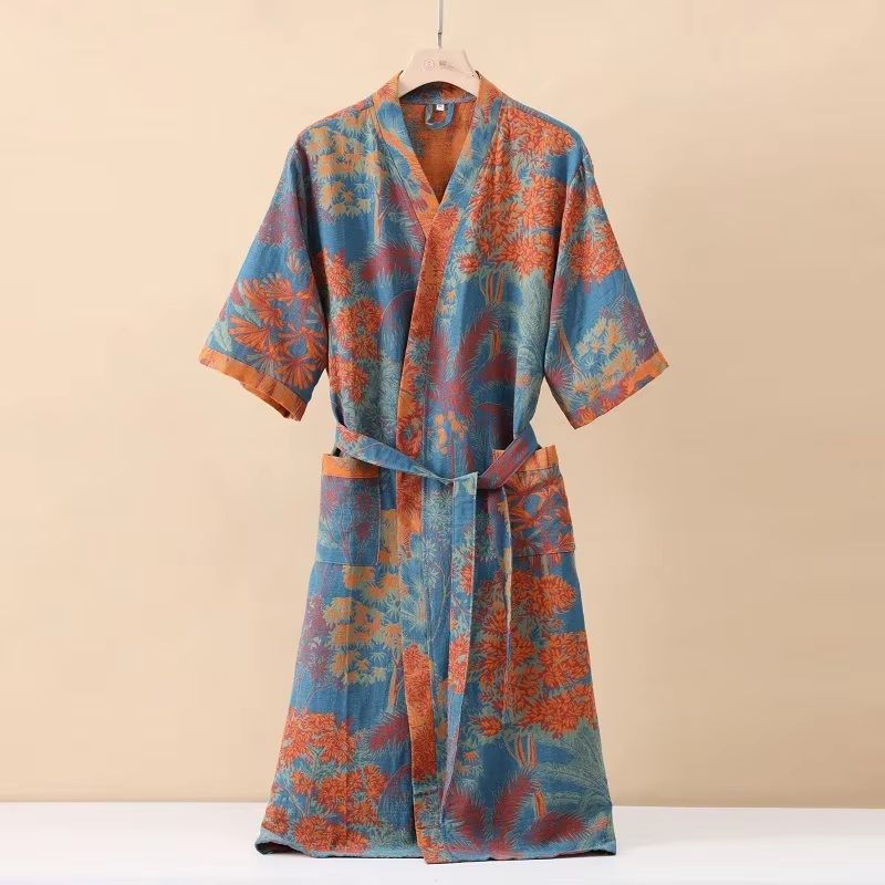 Women's Cotton Printed Kimono Bathrobe Quick-Dry Homewear for Spring Summer