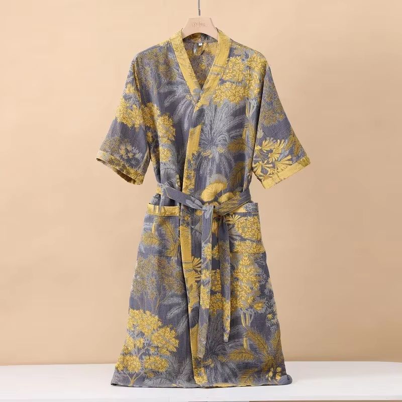 Women's Cotton Printed Kimono Bathrobe Quick-Dry Homewear for Spring Summer