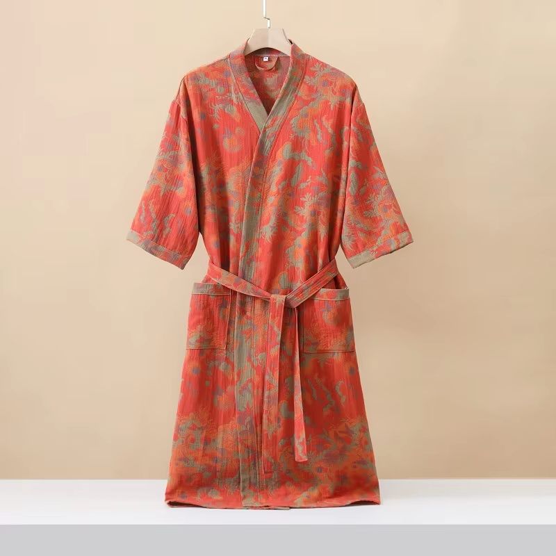 Women's Cotton Printed Kimono Bathrobe Quick-Dry Homewear for Spring Summer
