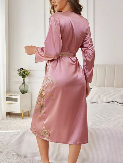 Women's Elegant Floral Silk Robe Long Sleeve Breathable Loungewear