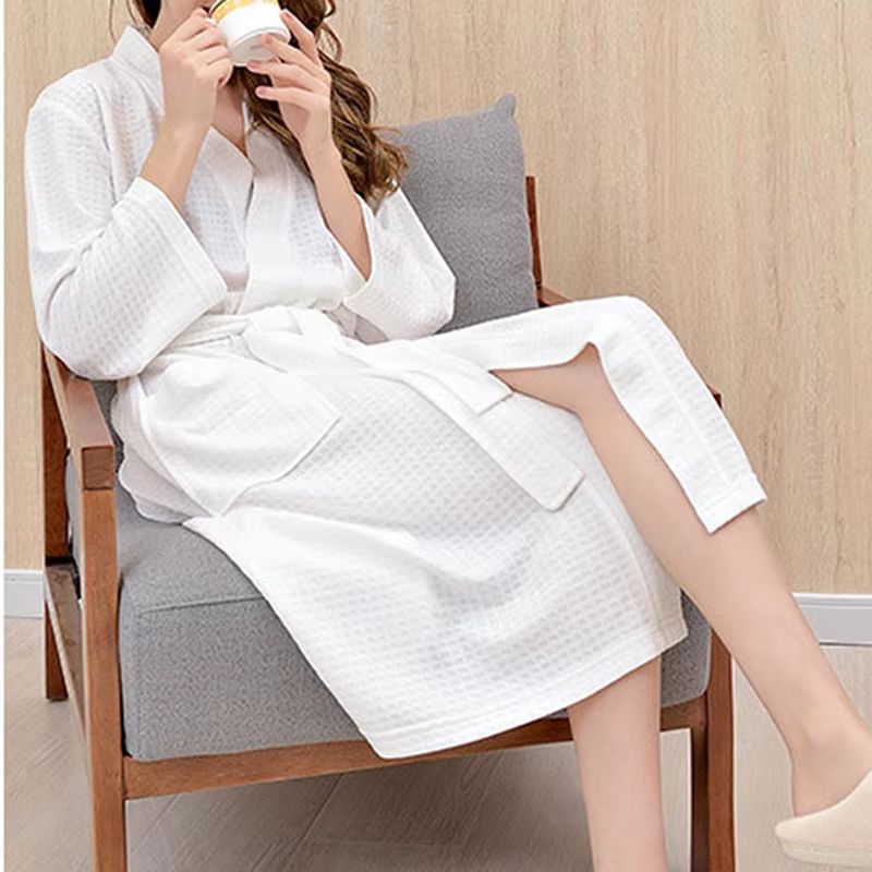 Unisex Waffle Cotton Bathrobe Long Shower Sleepwear for Women and Men