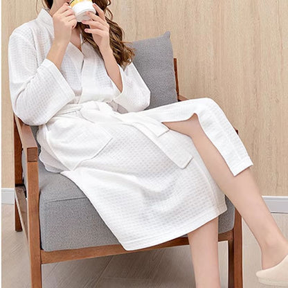 Unisex Waffle Cotton Bathrobe Long Shower Sleepwear for Women and Men