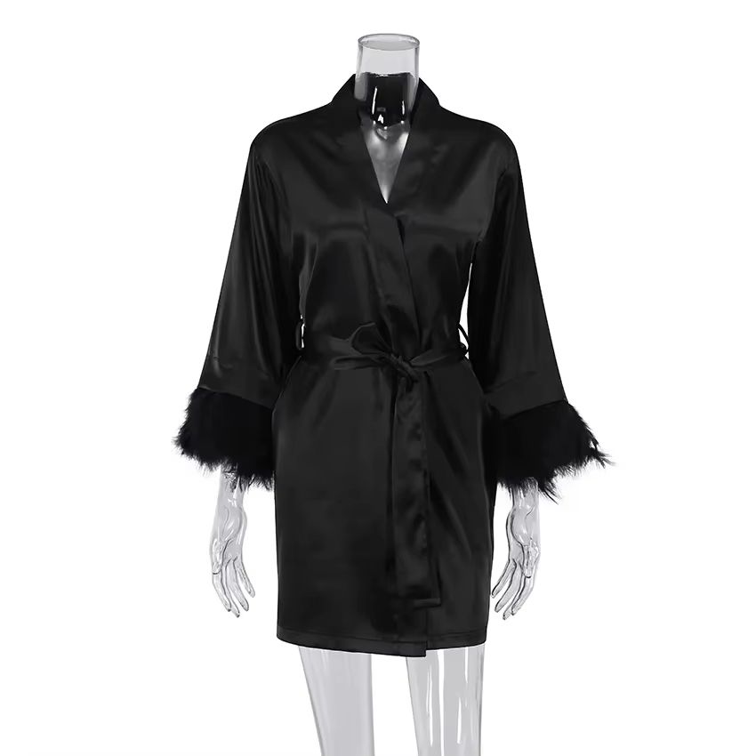 Women's White Satin Feather-Trimmed Bathrobe Elegant Bridal Sleepwear