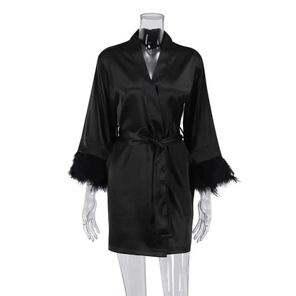 Women's White Satin Feather-Trimmed Bathrobe Elegant Bridal Sleepwear