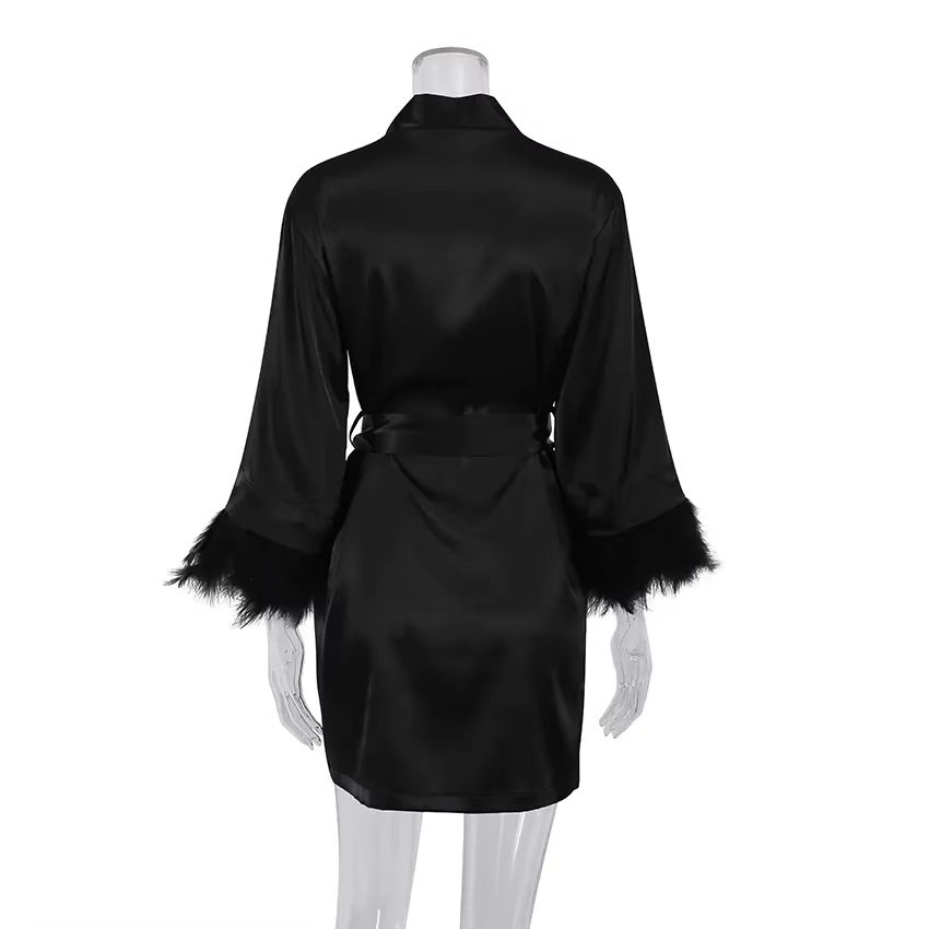 Women's White Satin Feather-Trimmed Bathrobe Elegant Bridal Sleepwear