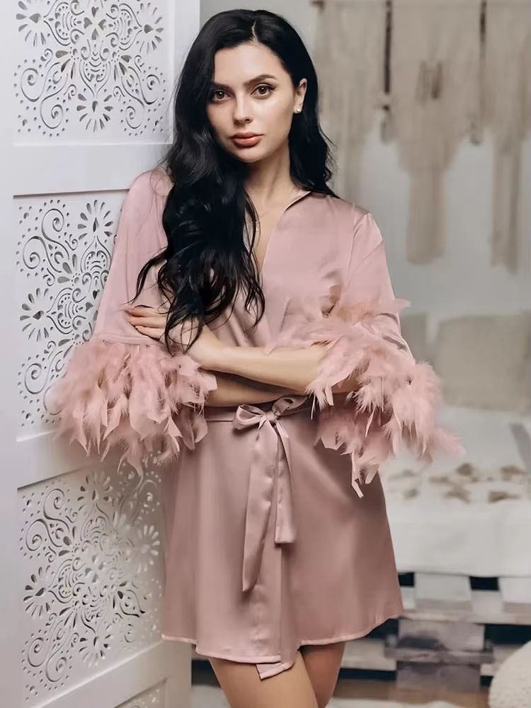 Women's White Satin Feather-Trimmed Bathrobe Elegant Bridal Sleepwear