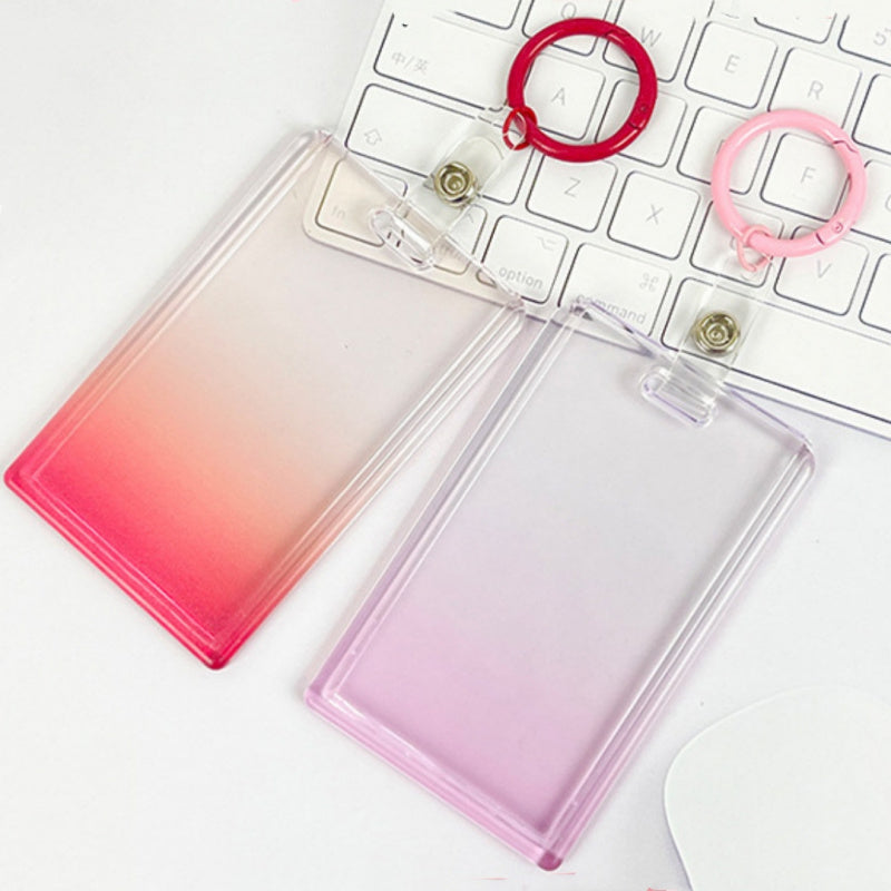 Gradient Pink Transparent Sliding Cover, Card Holder With Keychain for Work, Student, ID Bus Transport Card