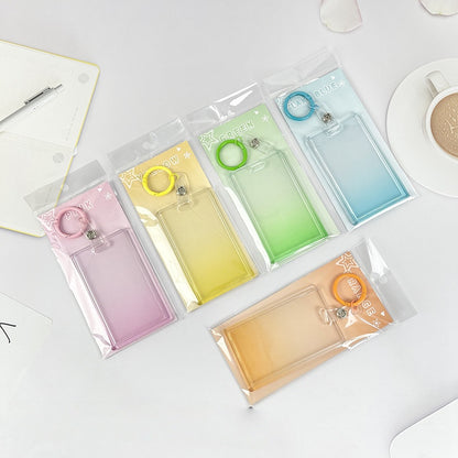 Gradient Pink Transparent Sliding Cover, Card Holder With Keychain for Work, Student, ID Bus Transport Card