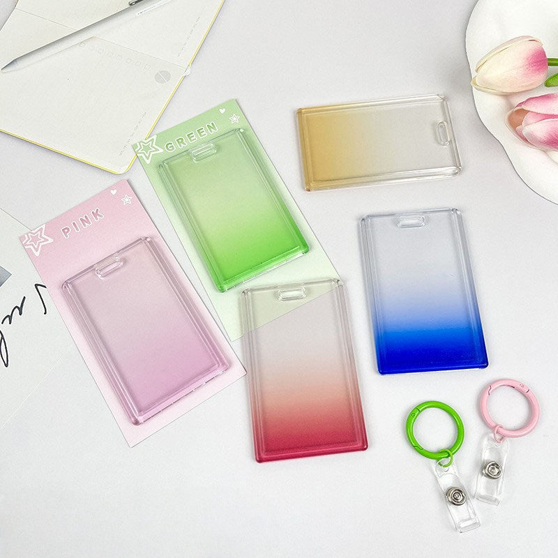 Gradient Pink Transparent Sliding Cover, Card Holder With Keychain for Work, Student, ID Bus Transport Card