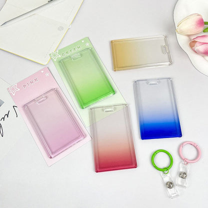 Gradient Pink Transparent Sliding Cover, Card Holder With Keychain for Work, Student, ID Bus Transport Card