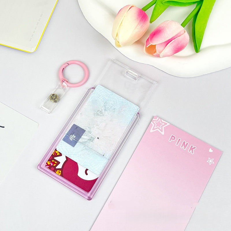 Gradient Pink Transparent Sliding Cover, Card Holder With Keychain for Work, Student, ID Bus Transport Card