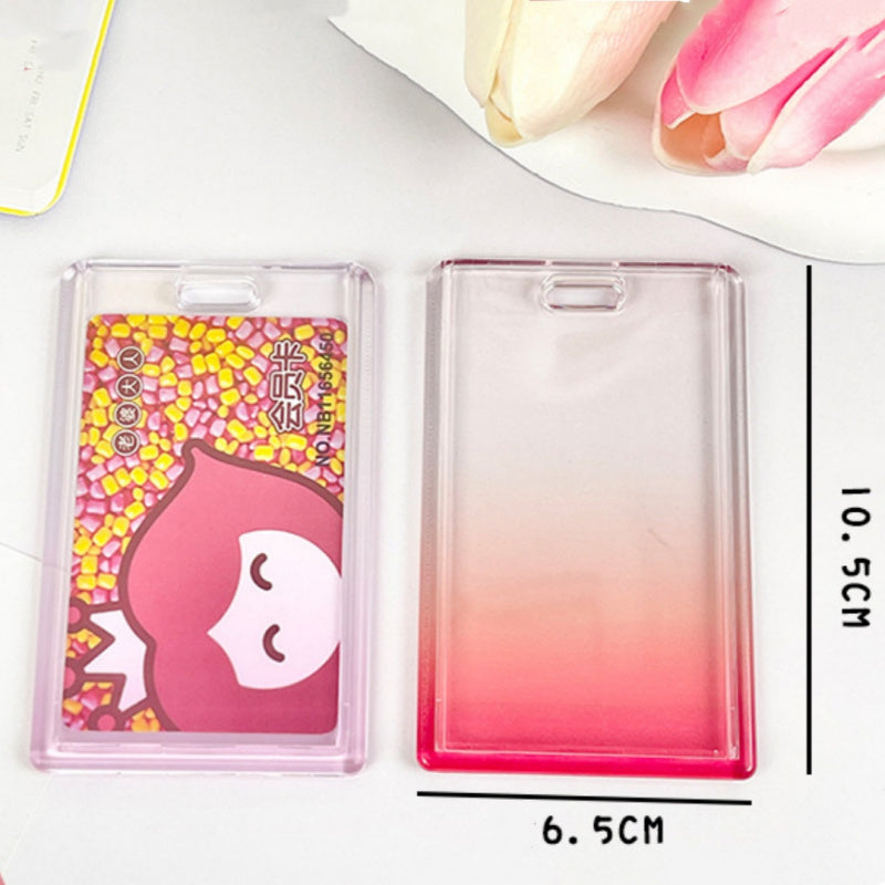 Gradient Pink Transparent Sliding Cover, Card Holder With Keychain for Work, Student, ID Bus Transport Card