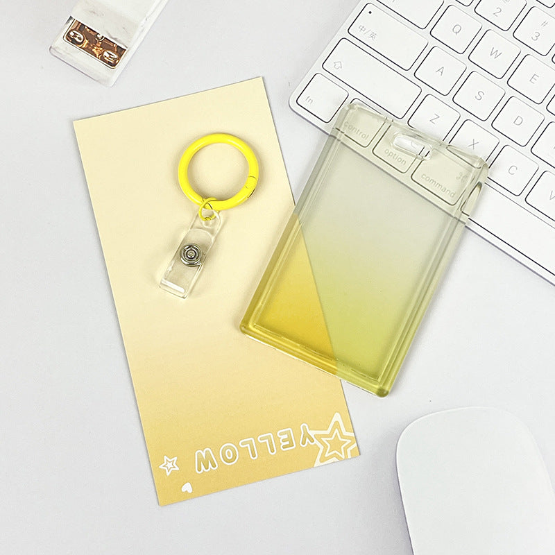 Gradient Pink Transparent Sliding Cover, Card Holder With Keychain for Work, Student, ID Bus Transport Card