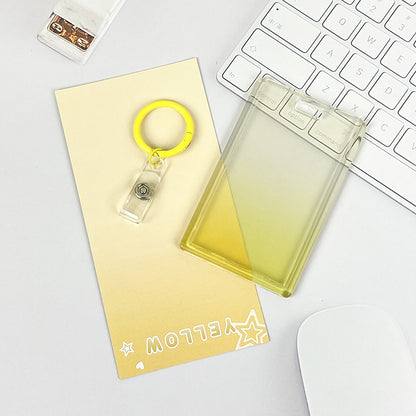 Gradient Pink Transparent Sliding Cover, Card Holder With Keychain for Work, Student, ID Bus Transport Card