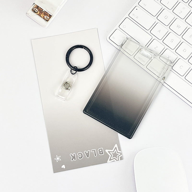 Gradient Pink Transparent Sliding Cover, Card Holder With Keychain for Work, Student, ID Bus Transport Card