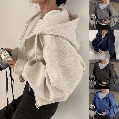 Cropped Fleece Lined Zip Up Hoodie for Women Slim Fit Warm Sweatshirt