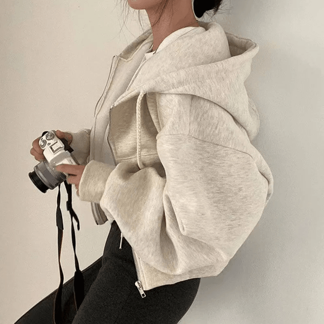 Cropped Fleece Lined Zip Up Hoodie for Women Slim Fit Warm Sweatshirt