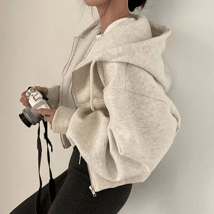 Cropped Fleece Lined Zip Up Hoodie for Women Slim Fit Warm Sweatshirt