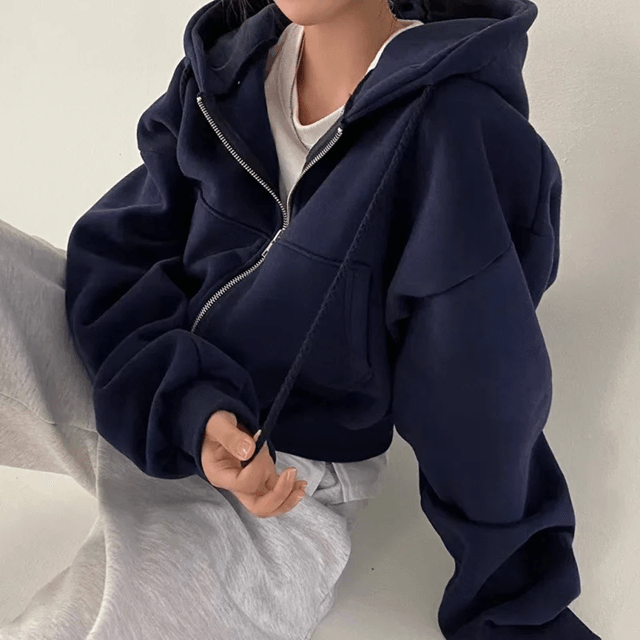Cropped Fleece Lined Zip Up Hoodie for Women Slim Fit Warm Sweatshirt