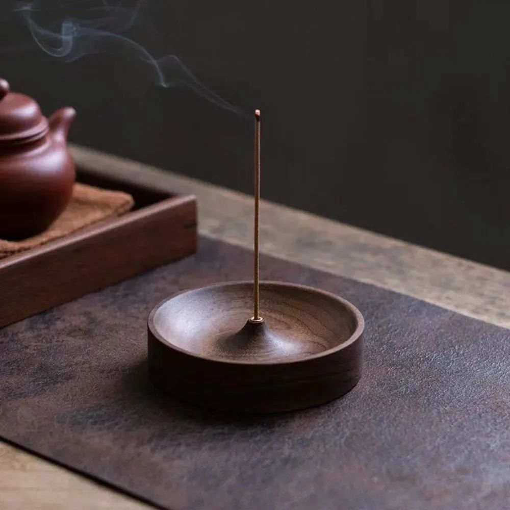 Handmade Black Walnut Incense Burner Tray, Solid Wood Round Holder for Tea Ceremony Agarwood, Zen Home Decor Gift