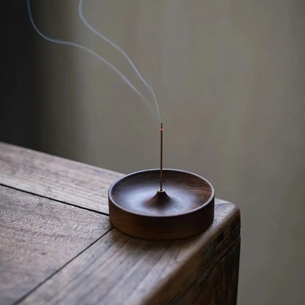 Handmade Black Walnut Incense Burner Tray, Solid Wood Round Holder for Tea Ceremony Agarwood, Zen Home Decor Gift
