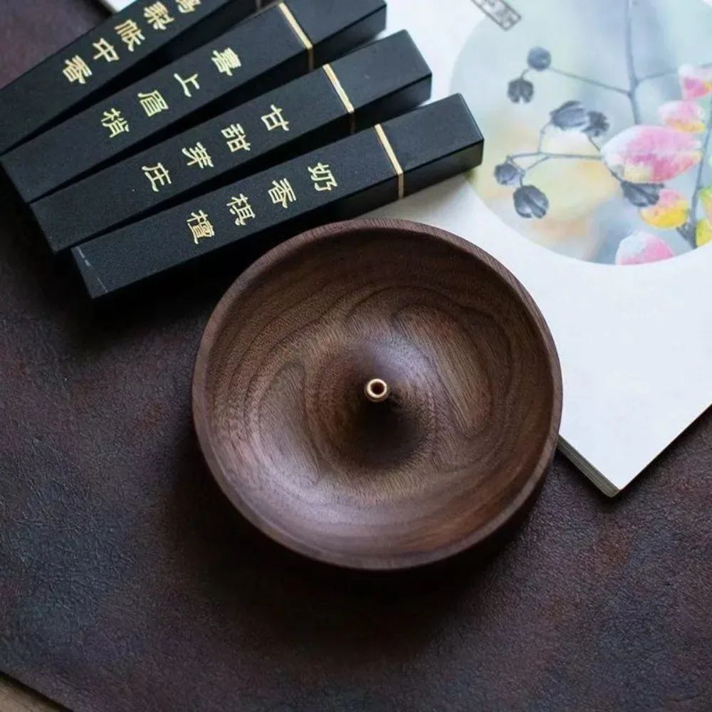 Handmade Black Walnut Incense Burner Tray, Solid Wood Round Holder for Tea Ceremony Agarwood, Zen Home Decor Gift