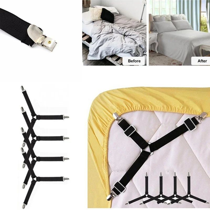 Adjustable Bed Sheet Fasteners Straps with Clips | Elastic Mattress Sheet Holder Grippers for Wrinkle-Free Bedding