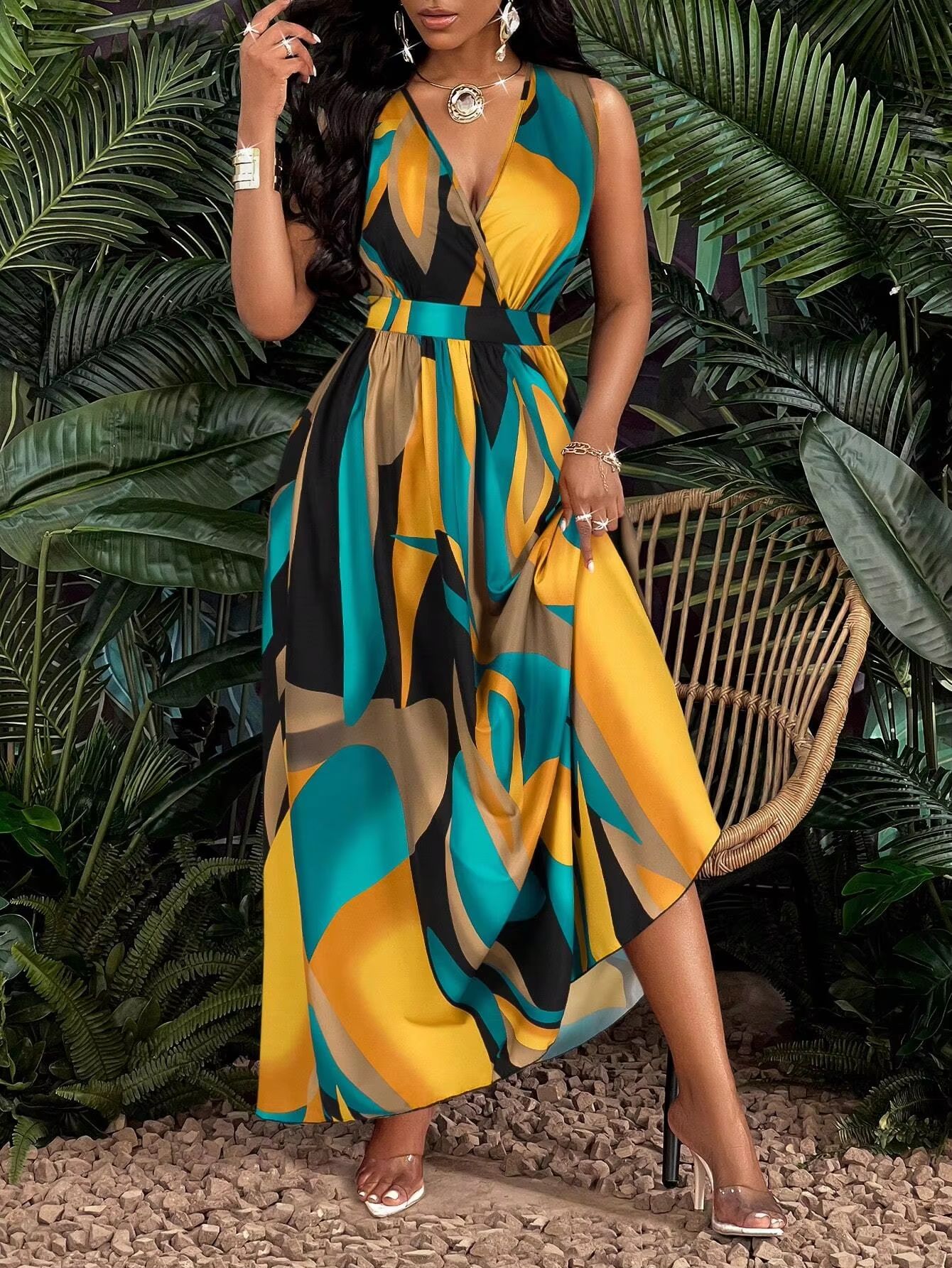 Tropical Print V-Neck Maxi Dress for Women