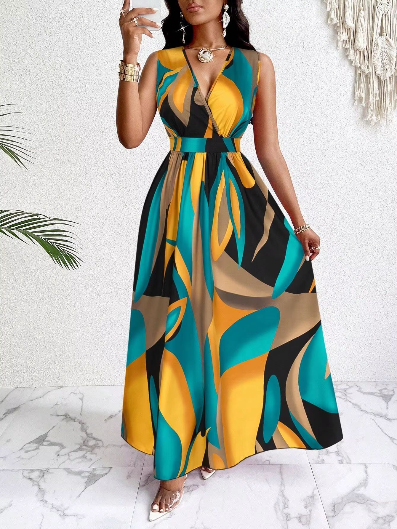 Tropical Print V-Neck Maxi Dress for Women