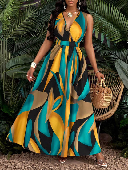 Tropical Print V-Neck Maxi Dress for Women