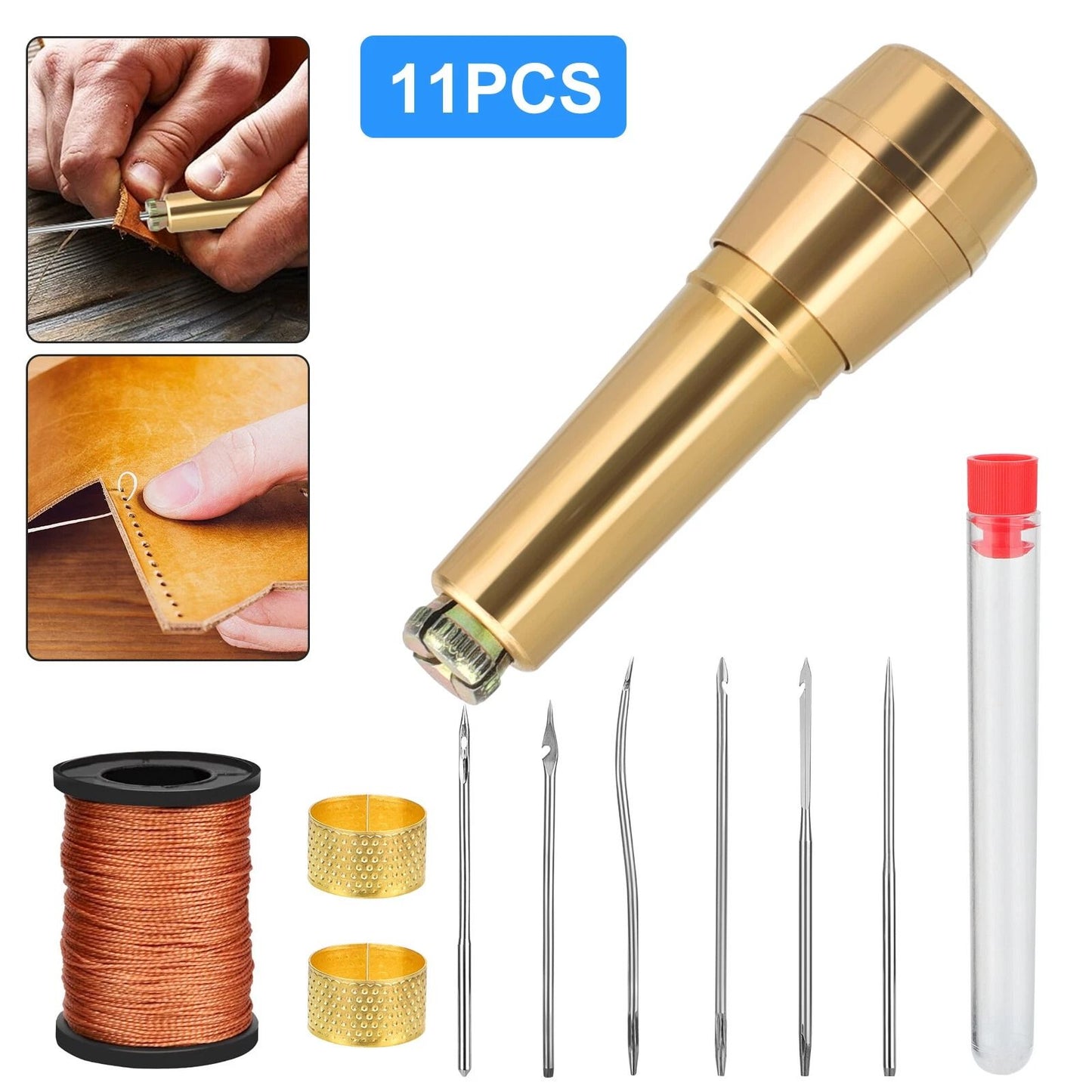 Leather Stitching Needles Kit, Awl Hand Tools for DIY, Nylon Thread, Copper Handle Sewing Needles for Upholstery