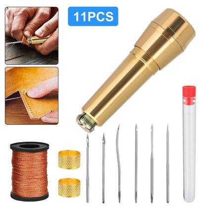 Leather Stitching Needles Kit, Awl Hand Tools for DIY, Nylon Thread, Copper Handle Sewing Needles for Upholstery