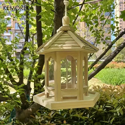 KEMORELA Woven Wooden Hanging Bird Feeder House for Outdoor Garden Decor